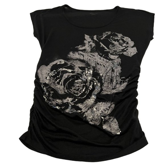 Motherhood Maternity Black Short Sleeve Tee, With Silver Floral Graphic  SMALL - Picture 1 of 6